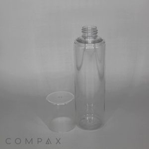 A transparent, empty 250mL Round PET Bottle with a wide neck is standing upright on a plain surface. The cap is separate and placed next to the bottle, with the logo "COMPAX" visible at the bottom left corner of the image.
