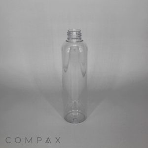 A clear plastic 210mL Round PET Bottle with a narrow screw-top opening is centered on a plain, light gray background. The bottle is cylindrical and empty. The word "COMPAX" is visible in the bottom left corner of the image.