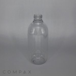 A clear, empty 300mL Round PET Bottle with a screw-on neck stands upright against a plain, light gray background. The bottle is simple and cylindrical in shape. The word "COMPAX" is visible in the bottom left corner of the image.