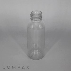 A clear, empty 80mL Round PET Bottle with a screw-on neck is centered against a plain, light gray background. The word "COMPAX" is printed in capital letters in the bottom left corner of the image.