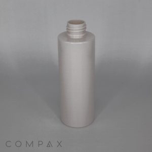 A simple, round, white PET bottle with a threaded neck and no cap. The background is a solid light gray color, and the word "COMPAX" is written in the bottom left corner. The bottle has a capacity of 150mL.