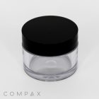 A 30mL PET Jar, with a small, round and clear plastic body featuring a black lid, displayed against a white background. The container appears to be empty, and the brand name "COMPAQ" is printed in light gray at the bottom left corner.
