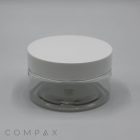 A 120mL PET jar with a white screw-top lid is centered against a light grey background. The word "COMPAX" is written in the bottom left corner of the image. The jar appears to be empty.