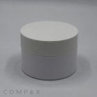 A round, white 100mL PET jar featuring a smooth surface and a tall, flat cap. The sleek container, seemingly made of plastic, sits on a plain light grey background. The word "COMPAX" is subtly displayed in grey text at the bottom left corner of the image.
