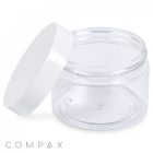 A clear, 150mL PET jar with a white screw-on lid, slightly open beside it. "COMPAX" is printed in the bottom left corner of the image.