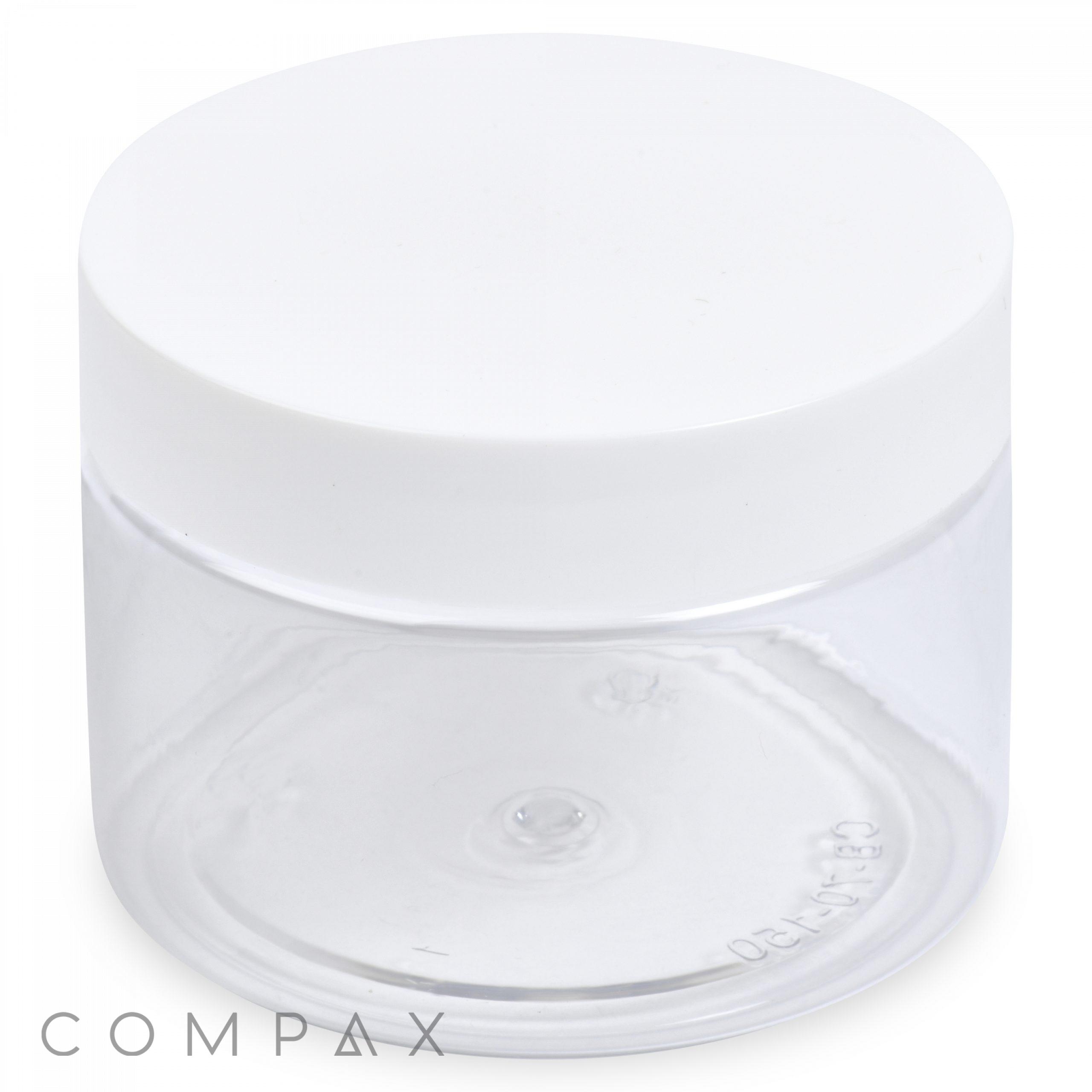 This is an image of a clear, empty 150mL PET Jar with a white screw-on lid. The jar is cylindrical and transparent, allowing the interior to be seen. The brand name "COMPAX" is visible in small text near the bottom left corner of the image.