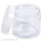 A clear, empty 200mL PET Jar with a wide opening is shown with its white lid resting at an angle on the side. The word "COMPAX" is displayed in gray letters at the bottom left corner of the image.
