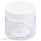 A transparent, empty round plastic container, identified as a 200mL PET Jar, with a wide white screw-on lid is displayed. The container is set against a plain white background, with the word "COMPAX" visible in the bottom left corner.