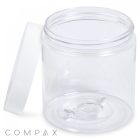 A transparent 250mL PET jar with a white screw-on lid placed beside it. The background is white, and the word "COMPAX" is written at the bottom-left corner in light gray uppercase letters.