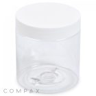 A clear, cylindrical plastic container labeled as a "250mL PET Jar" with a white screw-on lid. The container is empty and features the brand name "COMPAX" in grey letters at the bottom left corner. The jar is displayed against a plain white background.