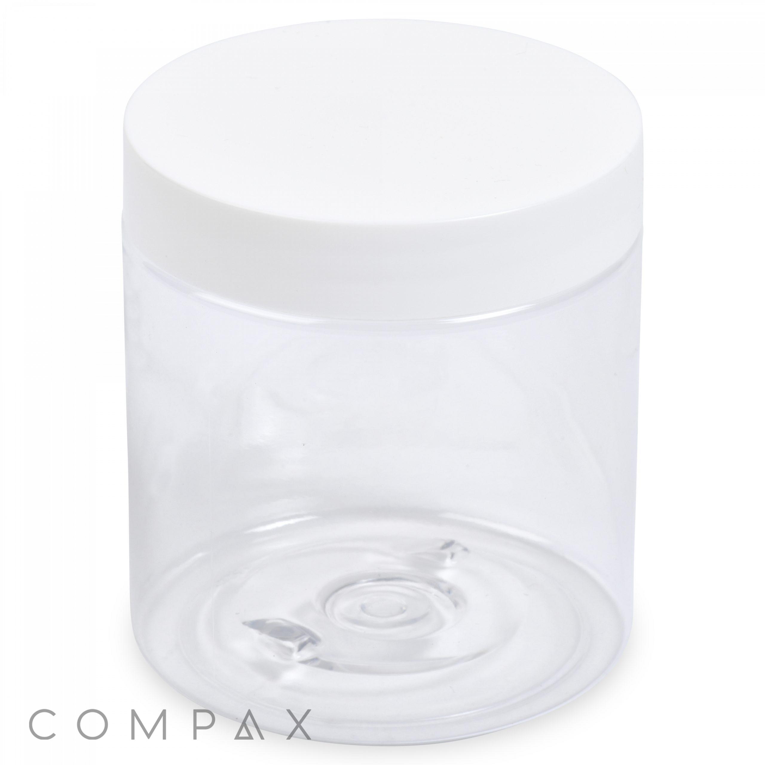 A clear, cylindrical plastic container labeled as a "250mL PET Jar" with a white screw-on lid. The container is empty and features the brand name "COMPAX" in grey letters at the bottom left corner. The jar is displayed against a plain white background.