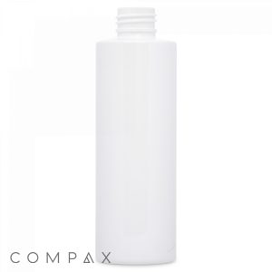 A 180 mL PET bottle, tall and cylindrical in shape with a screw top opening, made of white plastic. The bottle is plain and unlabelled, with the word "COMPAX" written in small letters at the bottom left corner.