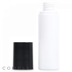 A white cylindrical plastic 120 mL PET Bottle with a black removable cap placed beside it. The bottle is labeled "Compax" at the bottom left corner. The cap is standing upright, and the bottle's opening is visible, indicating the cap is off.