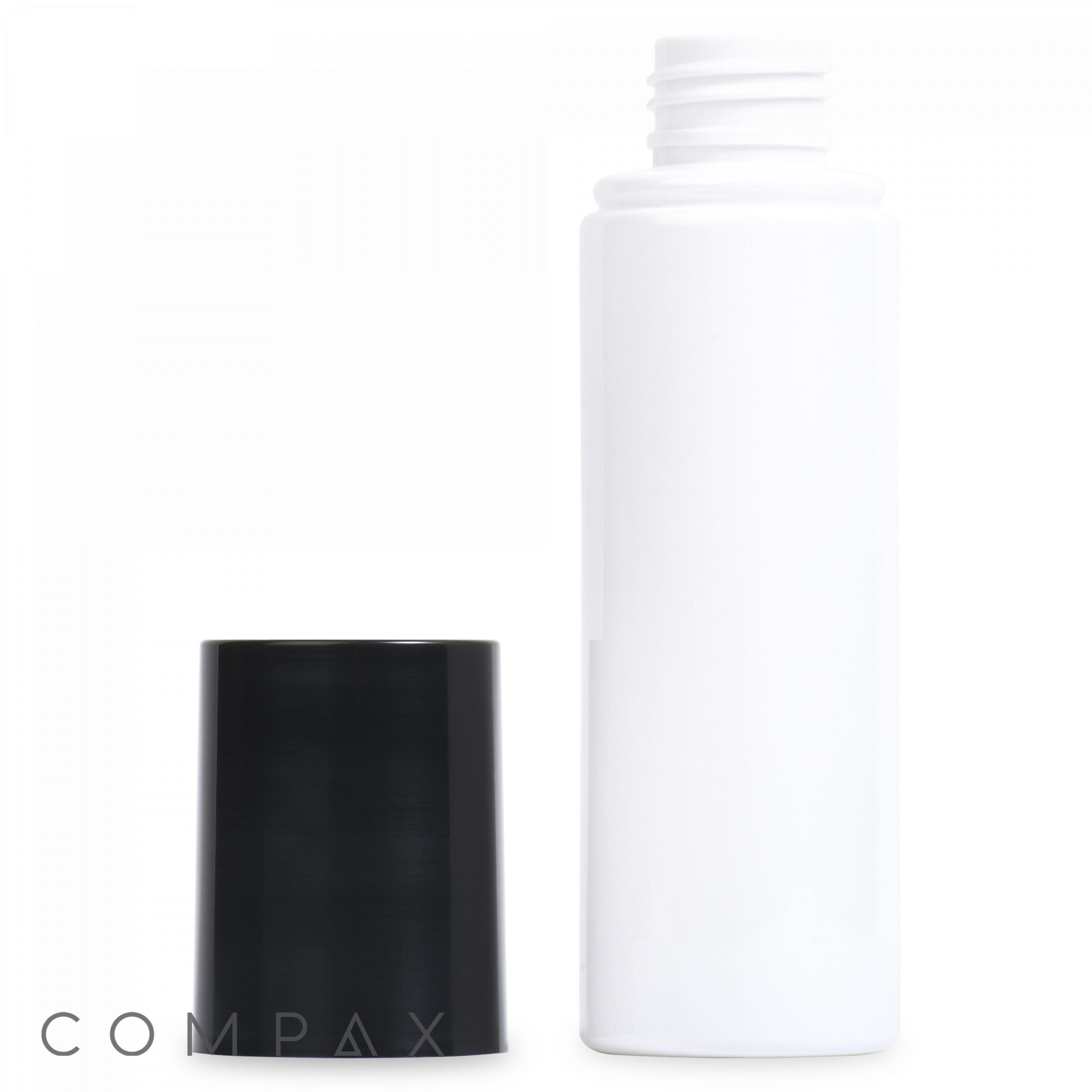 A white cylindrical plastic 120 mL PET Bottle with a black removable cap placed beside it. The bottle is labeled "Compax" at the bottom left corner. The cap is standing upright, and the bottle's opening is visible, indicating the cap is off.