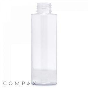 Rewrite: A transparent, cylindrical 120 mL PET bottle with a threaded neck, ideal for storing liquids. The backdrop is plain white, featuring the word "COMPAX" in the bottom left corner.