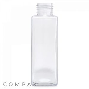 Clear, square-shaped 100 mL PET Bottle with an open screw-top. The word "COMPAX" is written in the bottom left corner of the image. The bottle is empty and stands against a plain white background.