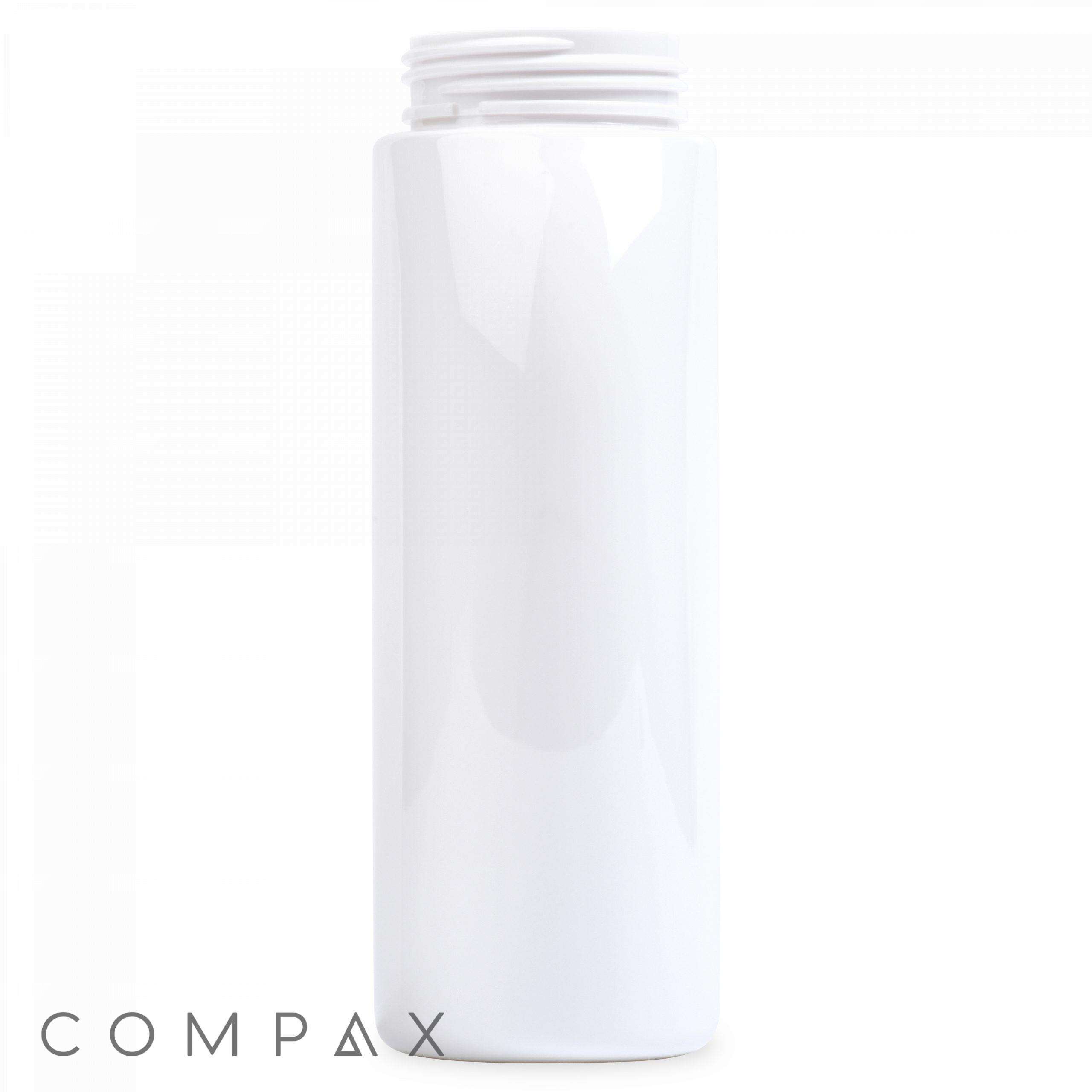 A tall, cylindrical, white PET bottle with a threaded neck and no cap. The bottle is plain and unlabelled. The word "COMPAX" is written in small, thin, black letters at the bottom left corner of the image.