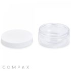 A 200mL PET Jar with a white screw-on lid set beside it, positioned on a white background. The word "COMPAX" is faintly visible at the bottom left corner of the image.
