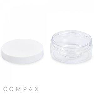 A 200mL PET Jar with a white screw-on lid set beside it, positioned on a white background. The word "COMPAX" is faintly visible at the bottom left corner of the image.
