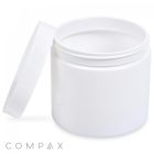 An empty white 400mL PET jar with its lid off and resting on the side. The words "COMPAX" are visible in grey text at the bottom left corner. The jar is simple and unmarked, boasting a clean, minimalistic appearance.