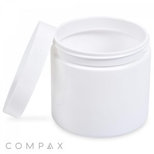 An empty white 400mL PET jar with its lid off and resting on the side. The words "COMPAX" are visible in grey text at the bottom left corner. The jar is simple and unmarked, boasting a clean, minimalistic appearance.