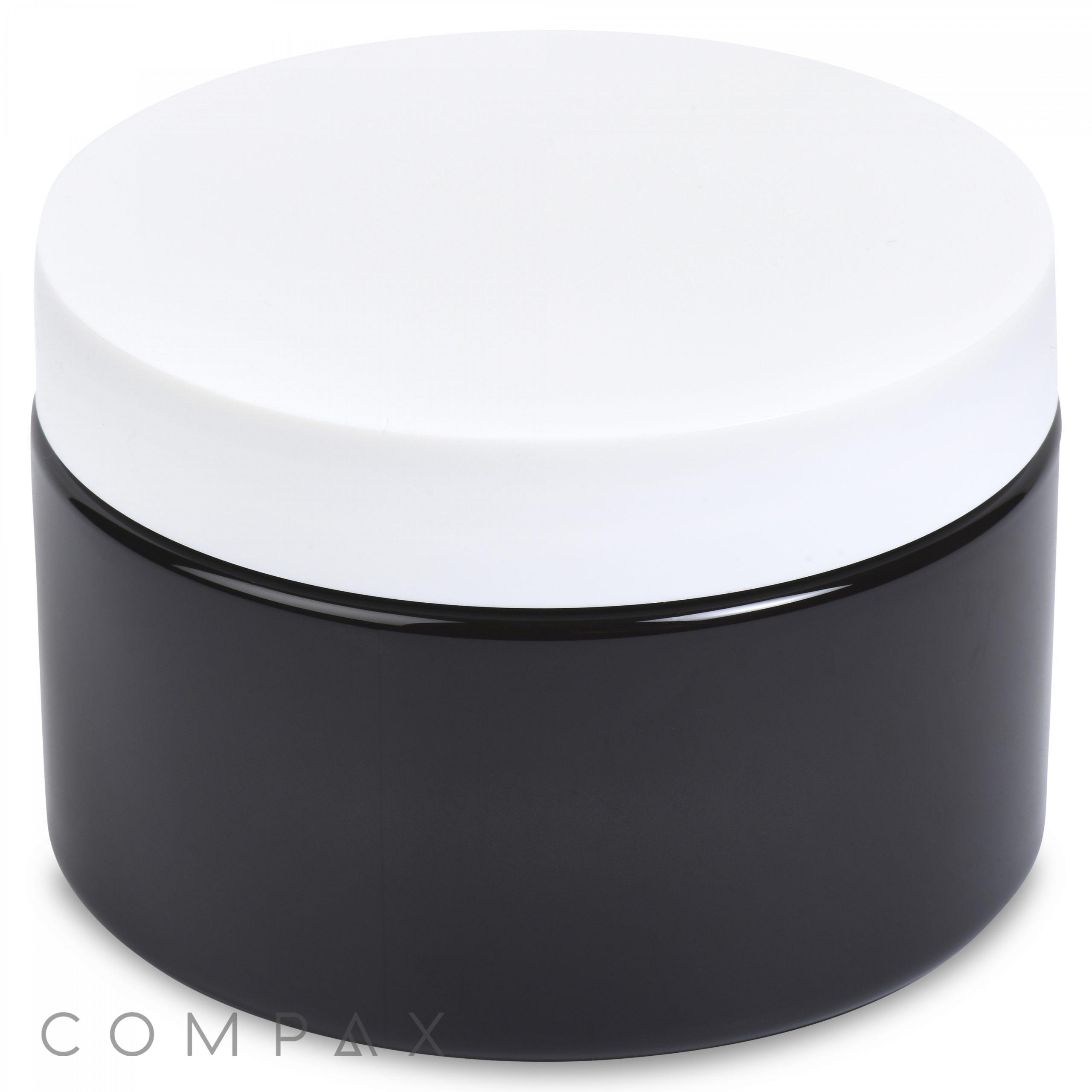A 300mL PET Jar, round and black with a white screw-on lid, is displayed against a white background. It seems to be made of plastic and features the label "COMPAX" in light gray text at the bottom left.