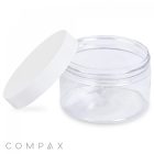 A clear, empty 270mL PET Jar with a white screw-on lid shown partially opened. The jar is cylindrical, and the lid is flat. The background is white, and the word "COMPAX" is displayed in gray text at the bottom left corner.
