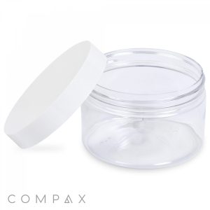 A clear, empty 270mL PET Jar with a white screw-on lid shown partially opened. The jar is cylindrical, and the lid is flat. The background is white, and the word "COMPAX" is displayed in gray text at the bottom left corner.