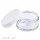 An open, 30mL PET Jar with a transparent round body and a white screw-on lid is displayed against a white background. The brand name "COMPAX" is visible in the bottom left corner.