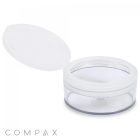 A 250mL PET Jar, featuring a round, transparent base and walls, with an attached white lid that is open to display its empty interior. The brand name "COMPAX" is clearly visible at the bottom left corner.