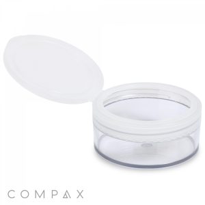 A 250mL PET Jar, featuring a round, transparent base and walls, with an attached white lid that is open to display its empty interior. The brand name "COMPAX" is clearly visible at the bottom left corner.
