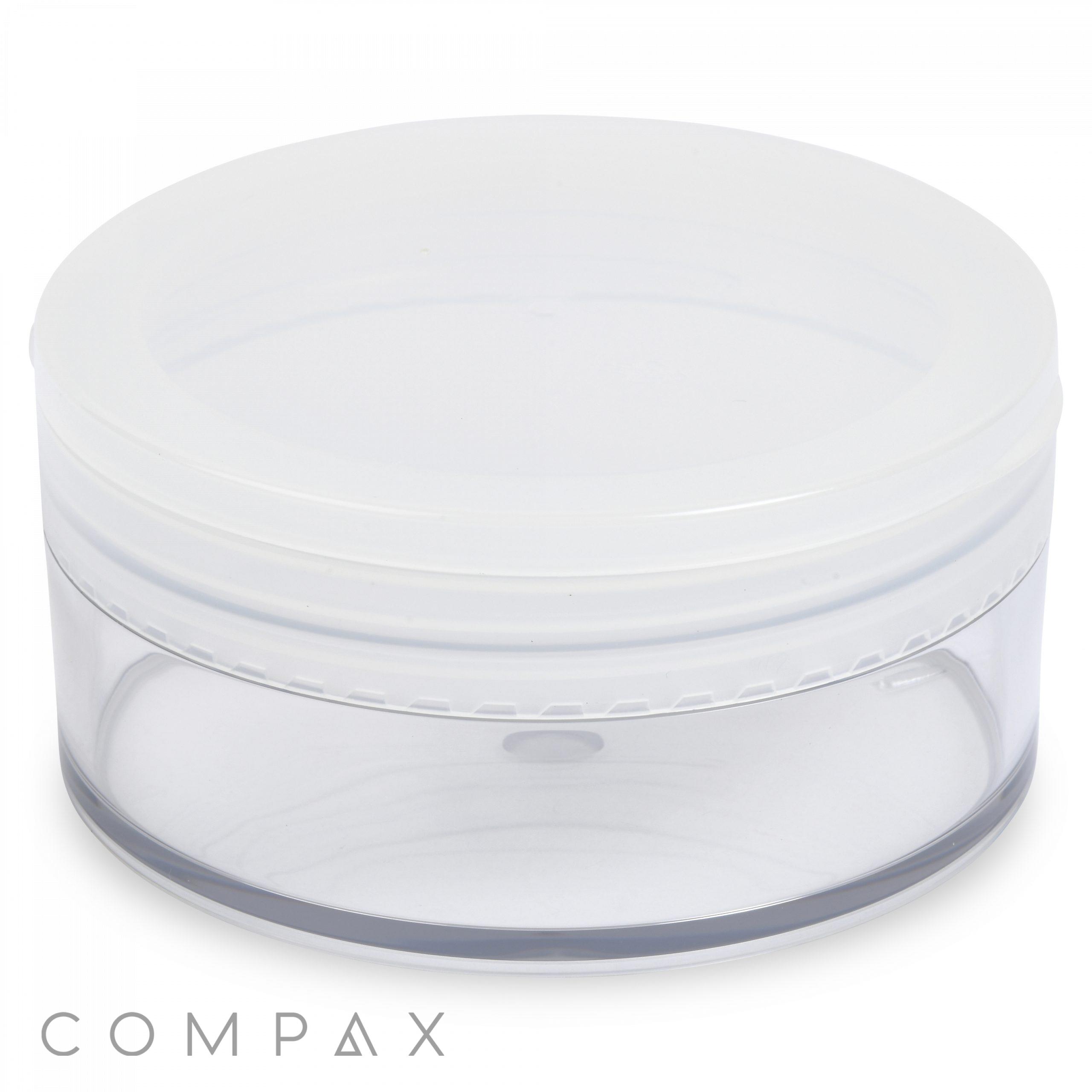 A 250mL PET Jar, featuring a clear plastic body with a white screw-on lid, is displayed against a white background. The word "COMPAX" is written in gray letters at the bottom left corner of the image.