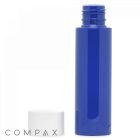 The image features an 80 mL PET bottle that is tall and cylindrical with a wide opening, colored blue. The white cap of the bottle is placed next to it on the left side, and the "COMPAX" logo is visible in the bottom left corner of the frame.