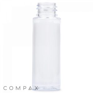 A clear, cylindrical 30 mL round PET bottle with a threaded neck for a screw-on cap. The brand name "COMPAX" is visible in the bottom left corner of the image. The bottle stands upright against a white background.