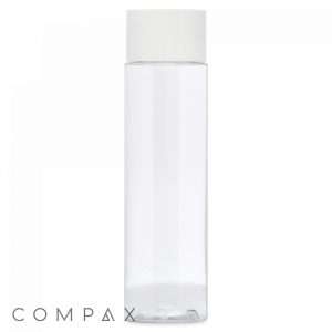A transparent 100 mL PET Bottle with a white cap stands upright on a white background. The word "COMPAX" is written in gray lowercase letters at the bottom left corner of the image.