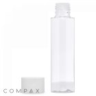 A 100 mL PET Bottle, featuring a clear, cylindrical plastic design and a visible thread at the top for a screw cap. The white cap is positioned to the left of the empty bottle, both set against a plain white background. The word "COMPAX" is displayed in the bottom left corner.