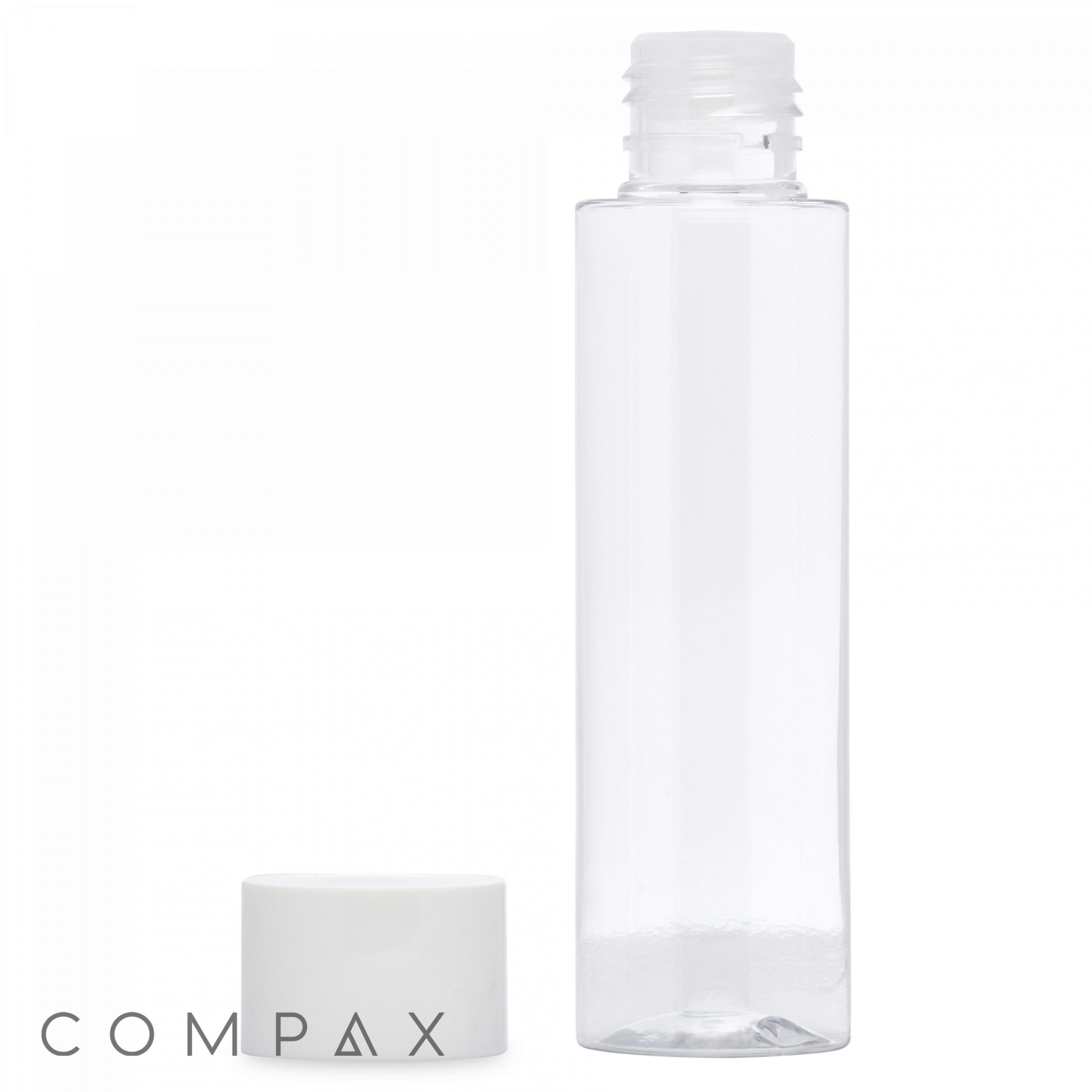 A 100 mL PET Bottle, featuring a clear, cylindrical plastic design and a visible thread at the top for a screw cap. The white cap is positioned to the left of the empty bottle, both set against a plain white background. The word "COMPAX" is displayed in the bottom left corner.