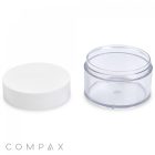 A clear, empty 150mL PET Jar with a white lid is displayed. The lid is shown next to the jar, removed, revealing the open top of the cylindrical container. The simple, minimalist design features "Compax" text in the bottom-left corner.
