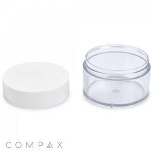 A clear, empty 150mL PET Jar with a white lid is displayed. The lid is shown next to the jar, removed, revealing the open top of the cylindrical container. The simple, minimalist design features "Compax" text in the bottom-left corner.