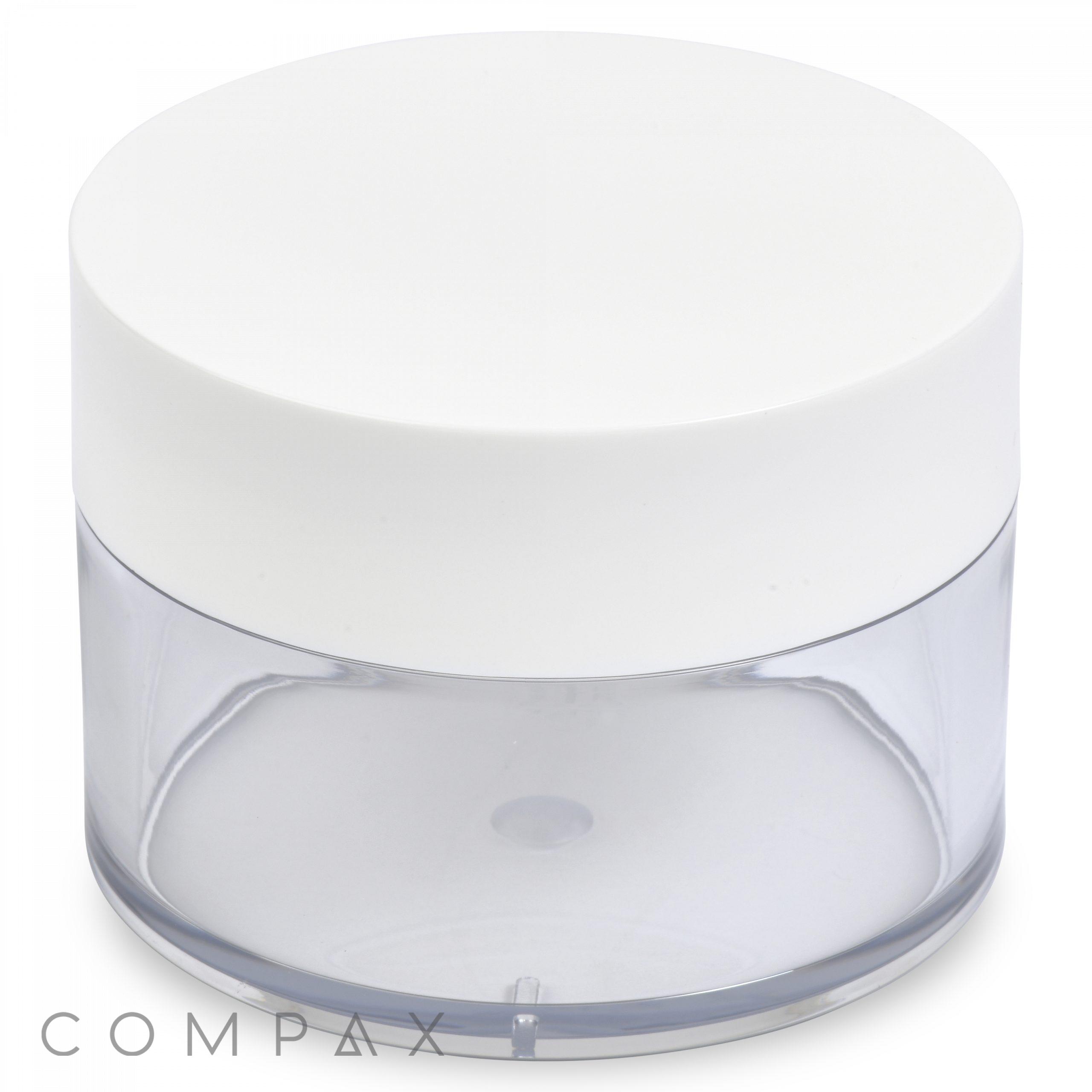 A 150mL PET Jar, featuring a clear cylindrical plastic body with a white lid. The bottom half of the jar is transparent, while the top half is opaque white. The brand name "COMPAX" is subtly printed on the bottom left corner of the image.