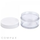 A transparent, empty 200mL PET jar with a white lid beside it. The brand name "COMPAX" is displayed at the bottom left corner of the image. The jar and lid are placed against a plain white background.
