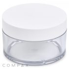 A clear, round 200mL PET Jar with a white, flat, circular lid. The jar is empty and has "COMPAX" text written at the bottom left of the image.