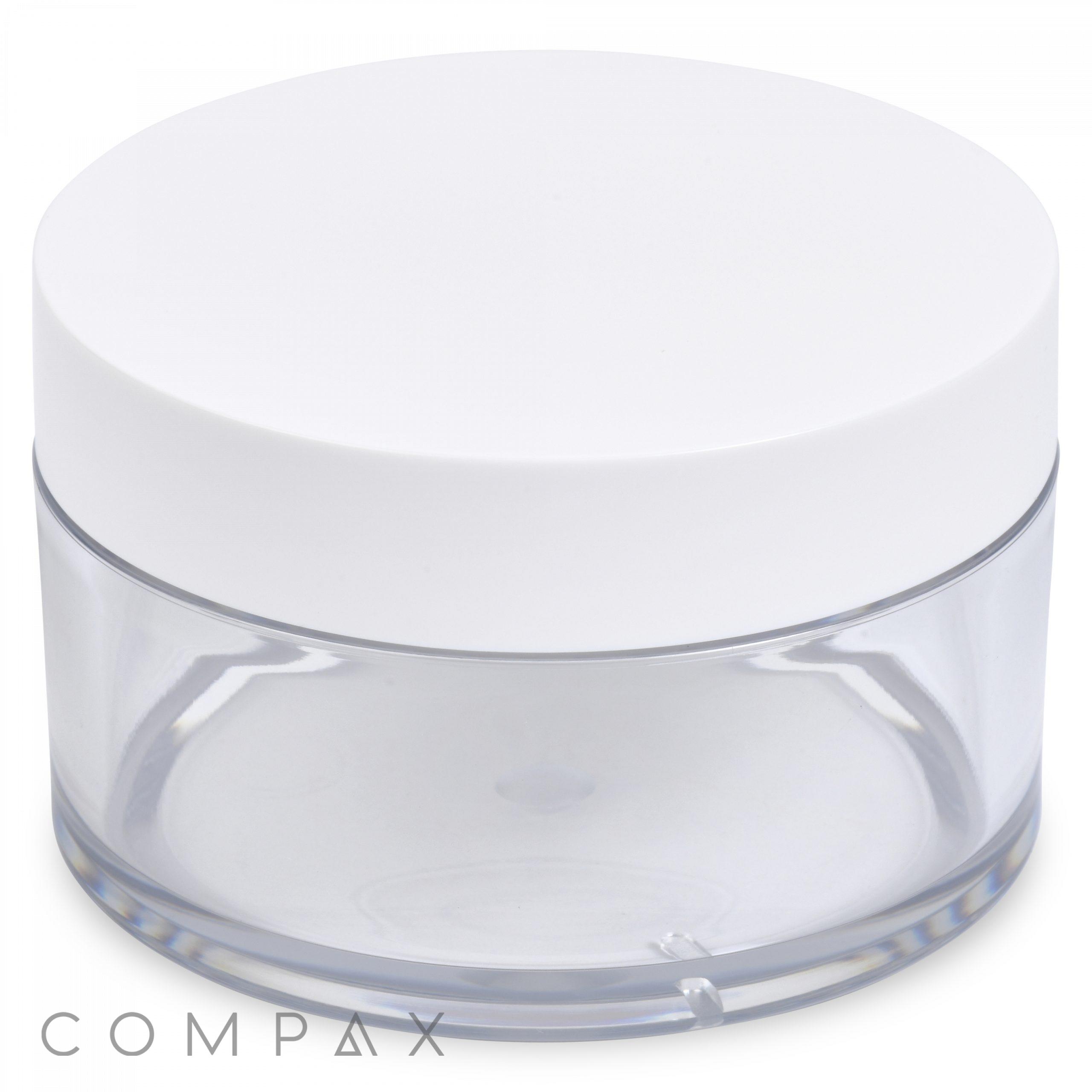 A clear, round 200mL PET Jar with a white, flat, circular lid. The jar is empty and has "COMPAX" text written at the bottom left of the image.