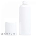 A cylindrical, white PET bottle with a capacity of 200 mL stands upright, accompanied by a detached matching cap placed beside it. The cap is open, revealing the threaded neck of the bottle. The bottom left corner of the image features "COMPAX" in simple black text.