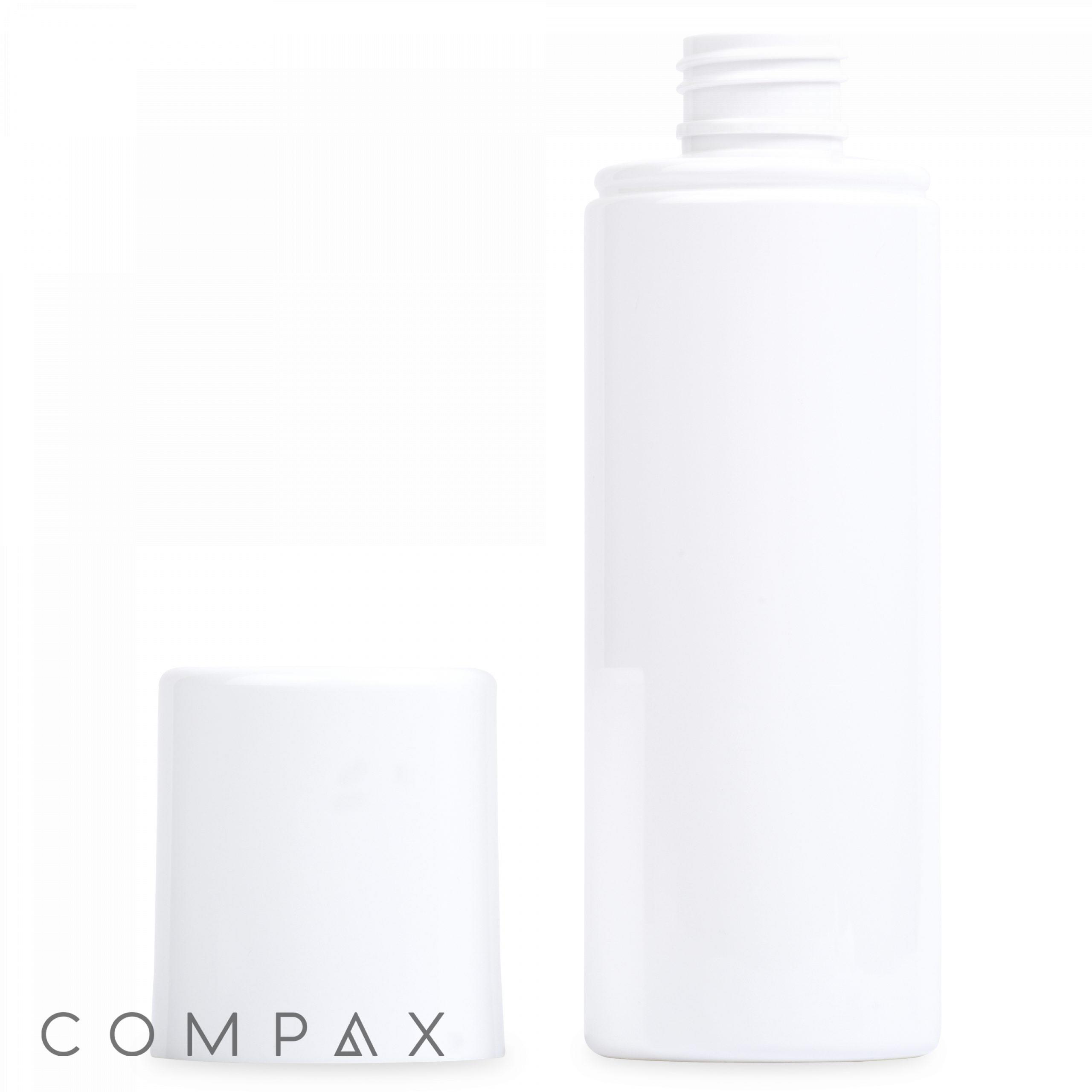 A cylindrical, white PET bottle with a capacity of 200 mL stands upright, accompanied by a detached matching cap placed beside it. The cap is open, revealing the threaded neck of the bottle. The bottom left corner of the image features "COMPAX" in simple black text.
