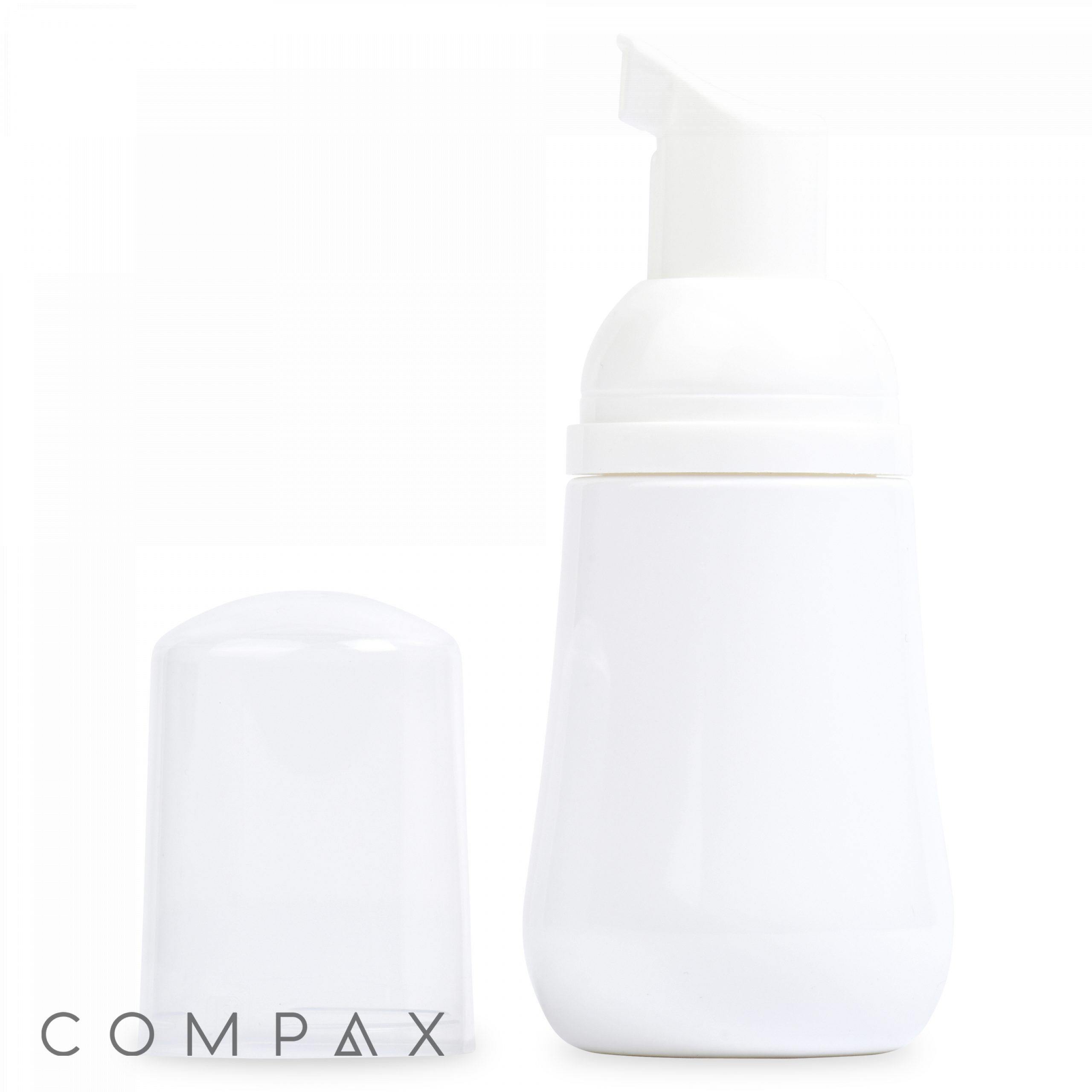 A 50 mL PET Foamer Bottle with a white pump top and a separate transparent cap placed next to it. The word "COMPAX" is written in small letters at the bottom left corner of the image.