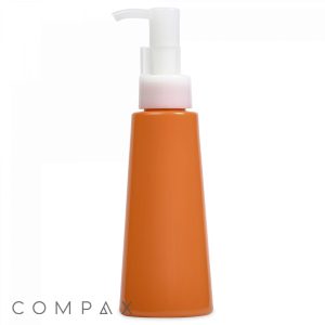 An orange 120 mL PET bottle with a white pump dispenser is positioned upright against a plain white background. The "COMPAX" logo is visible in the bottom left corner of the image.
