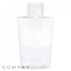 An 80 mL PET Bottle, clear and empty with a wide, threaded neck, sits against a white background. The bottom of the bottle is slightly wider than the top. The word "COMPAX" is printed in light gray in the bottom-left corner.