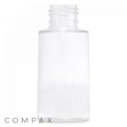 A transparent, empty 80 mL PET bottle with a screw cap opening is centered on a white background. The bottle tapers slightly toward the top. The word "COMPAX" is displayed in the bottom left corner.