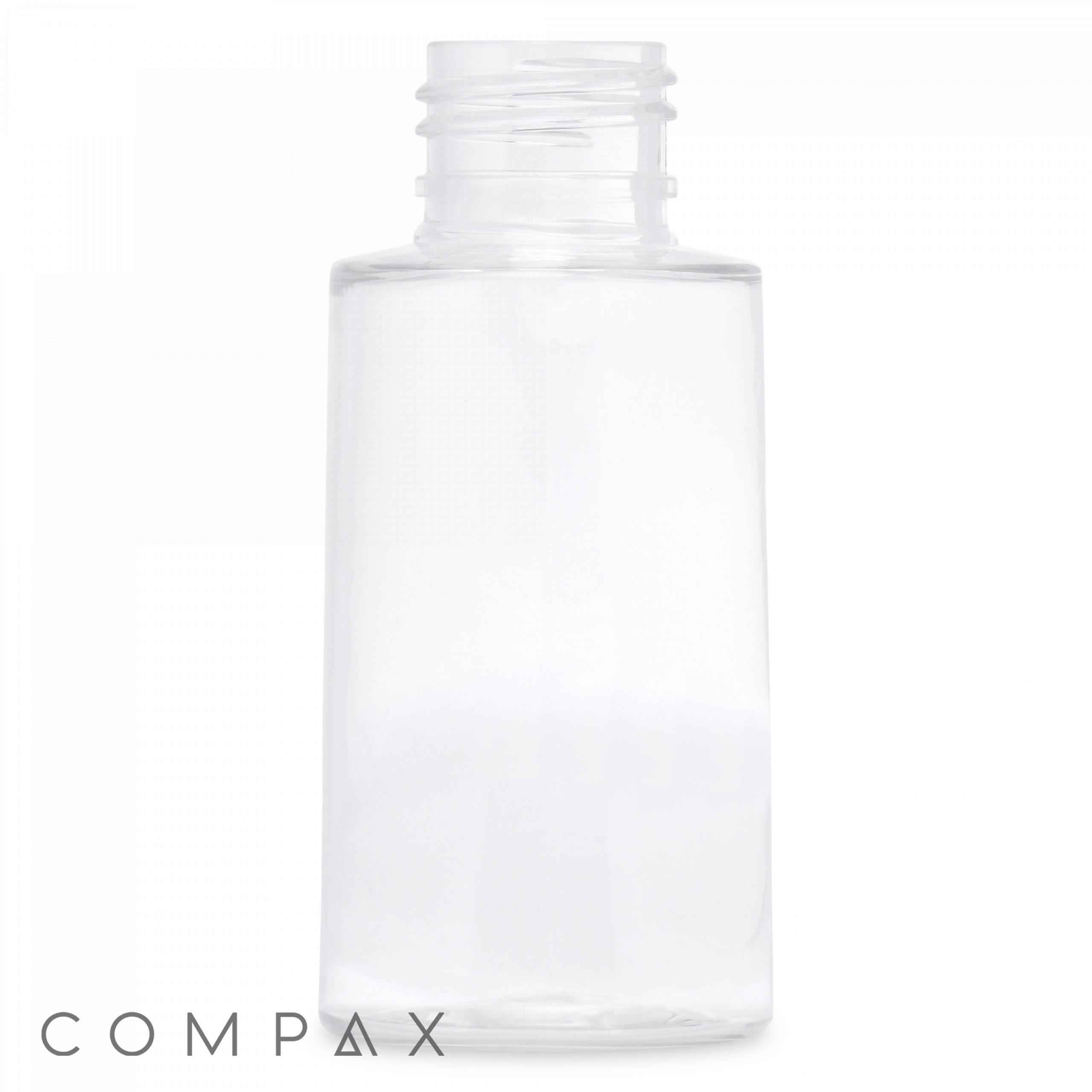 A transparent, empty 80 mL PET bottle with a screw cap opening is centered on a white background. The bottle tapers slightly toward the top. The word "COMPAX" is displayed in the bottom left corner.